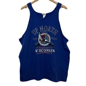 Vintage Pro Spirit Up North Wisconsin Eagle Graphic Tank Top Blue Distressed